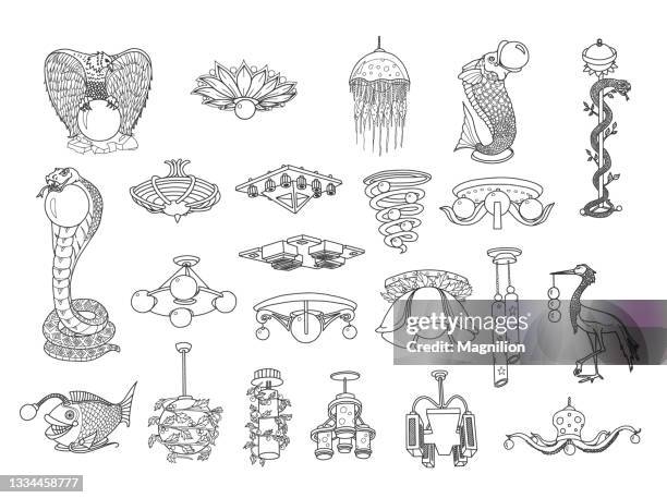 pendelleuchten und kronleuchter doodles set - hängelampe stock-grafiken, -clipart, -cartoons und -symbole