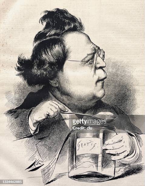 ilustraciones, imágenes clip art, dibujos animados e iconos de stock de hombre con el pelo de cockscomb vertical está mordisqueando en el frasco de mermelada - marmalade