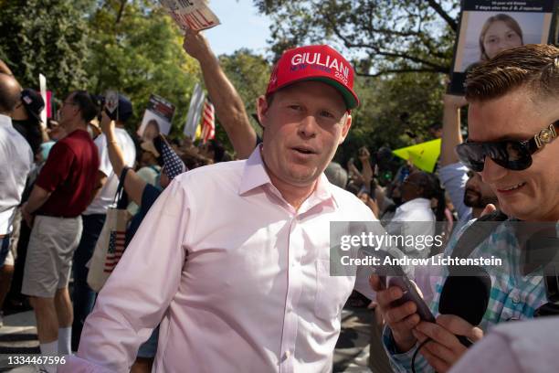 New York Republican gubernatorial candidate Andrew Giuliani joins a rally of people opposed to any and all COVID-19 vaccine and mask mandates from...