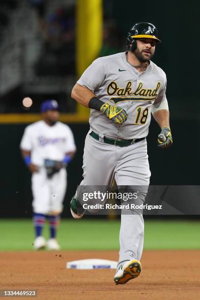 Mitch Moreland of the Oakland Athletics runs the bases after a seventh inning home run against the Texas Rangers at Globe Life Field on August 14,...