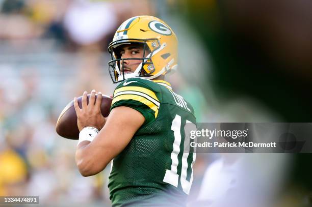Jordan Love of the Green Bay Packers throws a pass during warmups before the preseason game against the Houston Texans at Lambeau Field on August 14,...