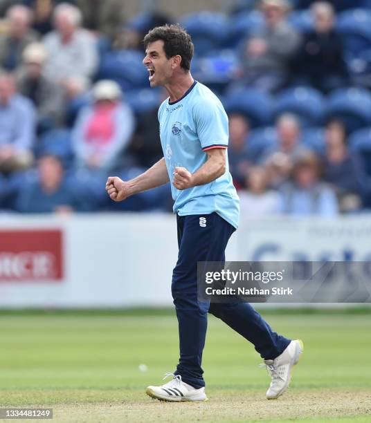 Ryan ten Doeschate of Essex celebrates after getting Billy Root of Glamorgan out during the Royal London One-Day Cup semi final match between...