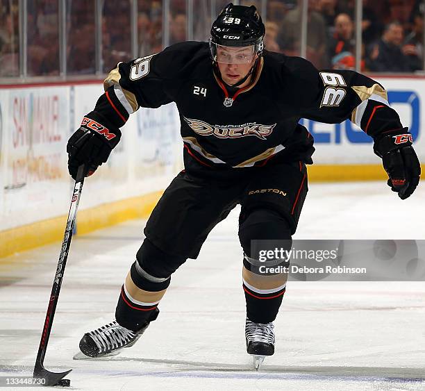 Matt Beleskey of the Anaheim Ducks controls the puck against the Los Angeles Kings during the game on November 17, 2011 at Honda Center in Anaheim,...