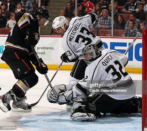 Brandon McMillan of the Anaheim Ducks attempts a shot on goal against Jonathan Quick of the Los Angeles Kings during the game on November 17, 2011 at...