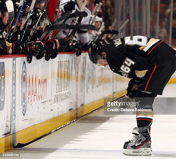 Brandon McMillan of the Anaheim Ducks skates off the ice against the Los Angeles Kings during the game on November 17, 2011 at Honda Center in...