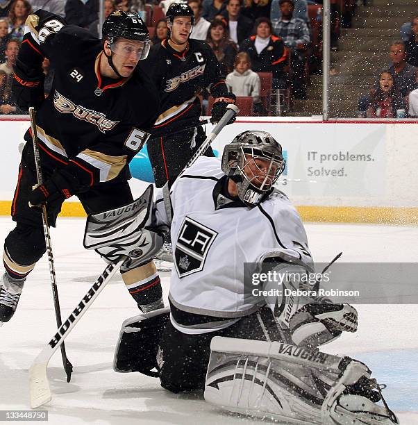 Brandon McMillan of the Anaheim Ducks defends outside the crease against Jonathan Quick of the Los Angeles Kings during the game on November 17, 2011...