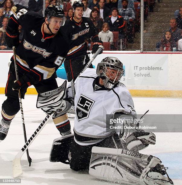 Brandon McMillan of the Anaheim Ducks defends outside the crease against Jonathan Quick of the Los Angeles Kings during the game on November 17, 2011...