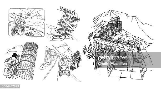 nature landscapes tourism doodle set - great wall of china stock illustrations