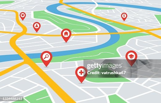 Perspective City Map Navigation With Pin Pointers Urban Downtown ...