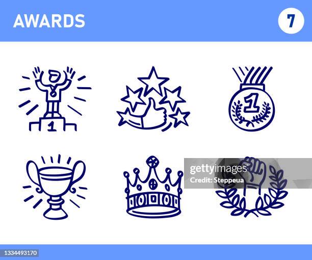 simple set of awards related doodle vector line icons - first class stock illustrations