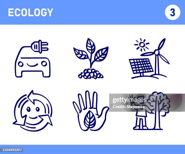 simple set of ecology related doodle vector line icons - car logo stock illustrations