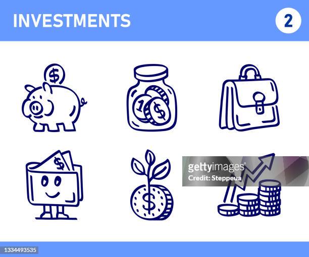 simple set of investments related doodle vector line icons - budget briefcase stock illustrations