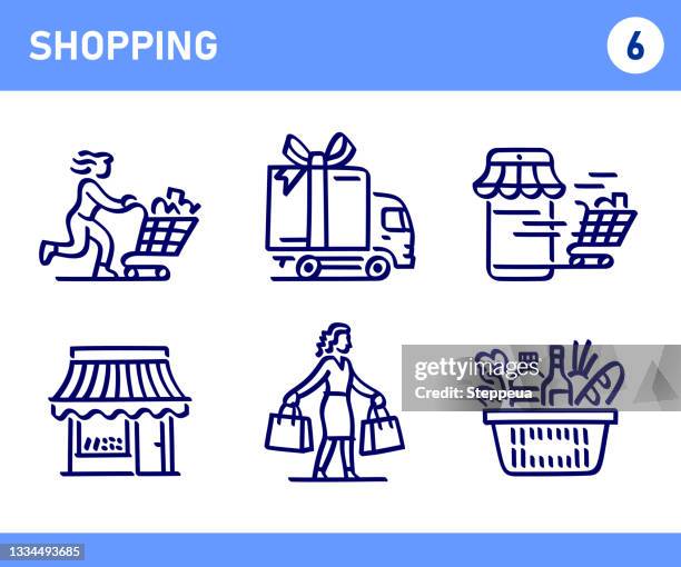 einfacher satz von shopping-bezogenen doodle vector line icons - delivery company logos stock-grafiken, -clipart, -cartoons und -symbole