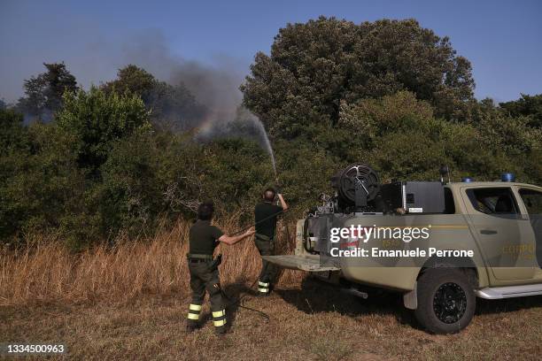 Members of the Forestry and Environmental Surveillance Corps of Sardinia douses flames of a wildfire burning in the province of Sassari, northeast...