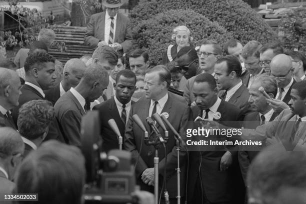 American Civil Rights leaders from the March on Washington speak with reporters after a meeting with President Kennedy, Washington DC, August 28,...