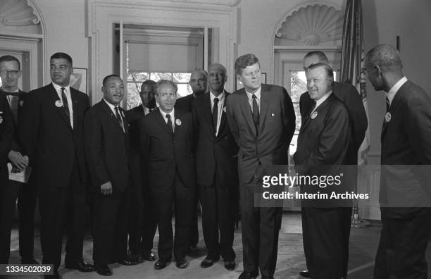 Leaders of the March on Washington meet with President John F Kennedy at the White House, Washington, DC, August 28, 1963. Left to right, Mathew...