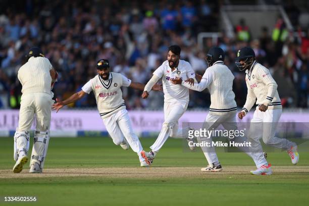 Mohammed Siraj of India celebrates after bowling Jimmy Anderson of England to give India victory in the Second LV= Insurance Test Match: Day Five...