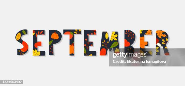 hand drawn typography lettering phrase hello, september isolated on the white background with golden wreath. fun brush ink calligraphy inscription for greeting and invitation card or print design - september stock illustrations