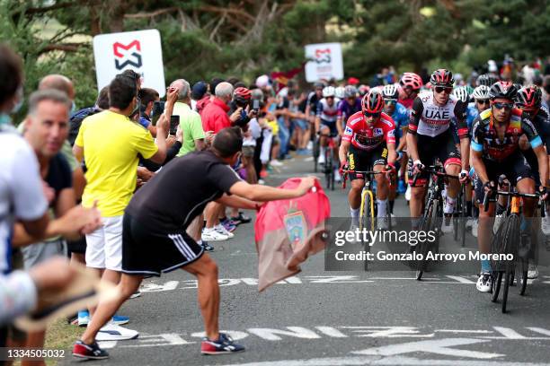 Primoz Roglic of Slovenia and Team Jumbo - Visma red leader jersey, David De La Cruz Melgarejo of Spain and UAE Team Emirates and Mikel Landa Meana...