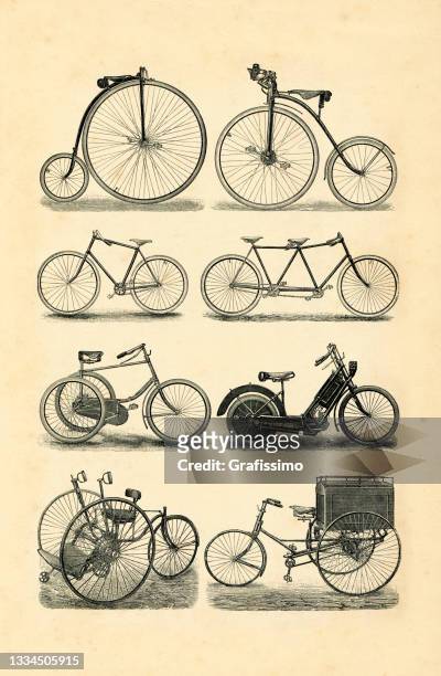 ilustraciones, imágenes clip art, dibujos animados e iconos de stock de colección de la bicicleta antigua 1895 de la vendimia - vintage motorcycle
