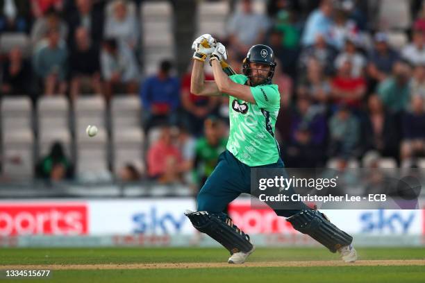 Alex Blake of Oval Invincibles bats during The Hundred match between Southern Brave Men and Oval Invincibles Men at The Ageas Bowl on August 16, 2021...