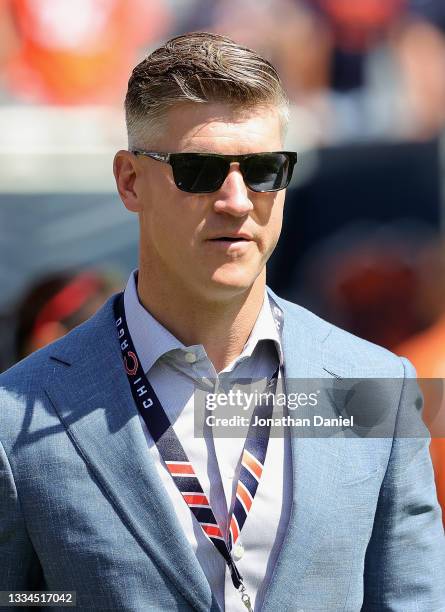 General manager Ryan Pace of the Chicago Bears walks the sidelines before a preseason game against the Miami Dolphins at Soldier Field on August 14,...