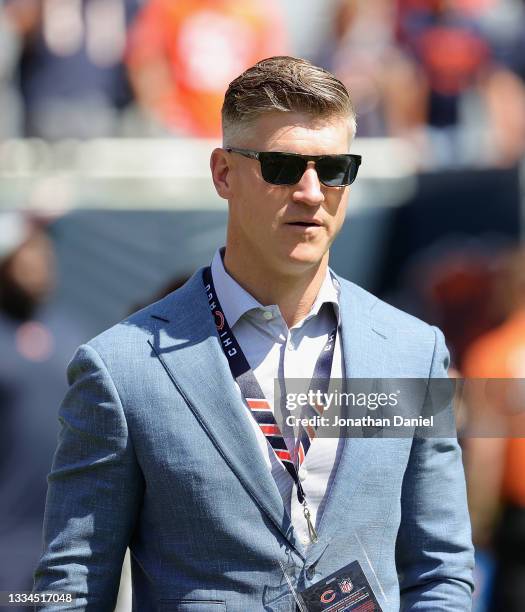 General manager Ryan Pace of the Chicago Bears walks the sidelines before a preseason game against the Miami Dolphins at Soldier Field on August 14,...