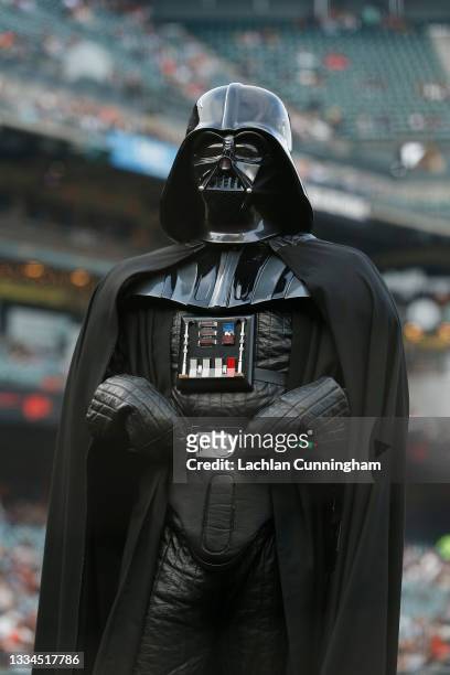 Star Wars characters look on before the game between the San Francisco Giants and the Colorado Rockies at Oracle Park on August 14, 2021 in San...