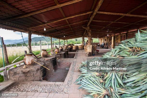 Facilities of the La Coronela mezcal artisanal distillery in the town of Tlacolula, during a tour around the state of Oaxaca on August 13, 2021 in...