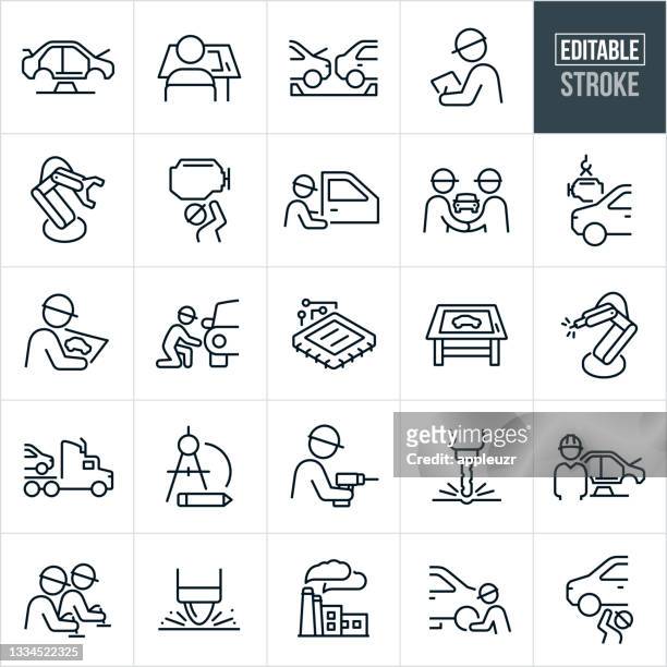 stockillustraties, clipart, cartoons en iconen met automotive manufacturing thin line icons - editable stroke - factory worker black and white