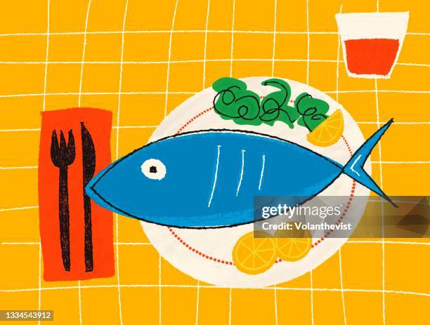 sardine on a plate ready to eat illustration - vintage silverware stock pictures, royalty-free photos & images