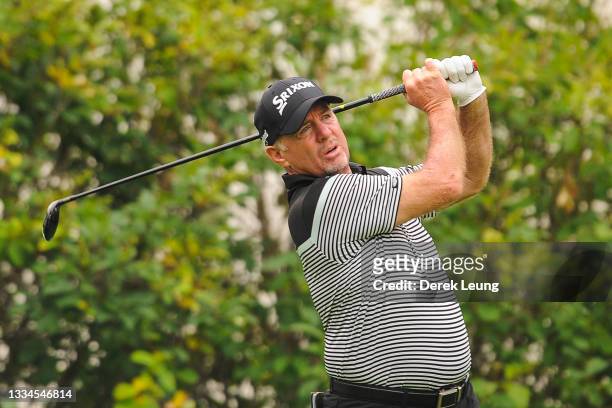 Rod Pampling of Australia plays in round three of the Shaw Charity Classic at Canyon Meadows Golf & Country Club on August 15, 2021 in Calgary,...