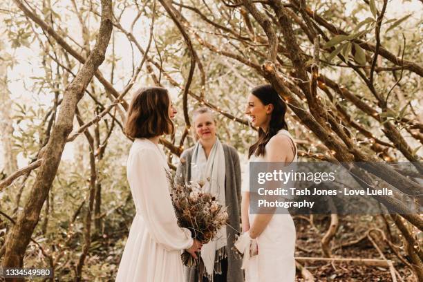 same sex elopement wedding - outdoor wedding ceremony stock pictures, royalty-free photos & images