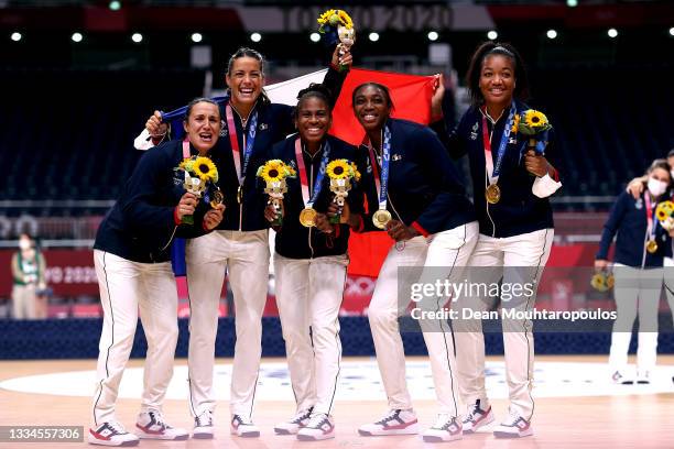 Pauline Coatanea, Cleopatre Darleux, Coralie Lassource, Kalidiatou Niakate and Pauletta Foppa of Team France pose with their gold medals during the...