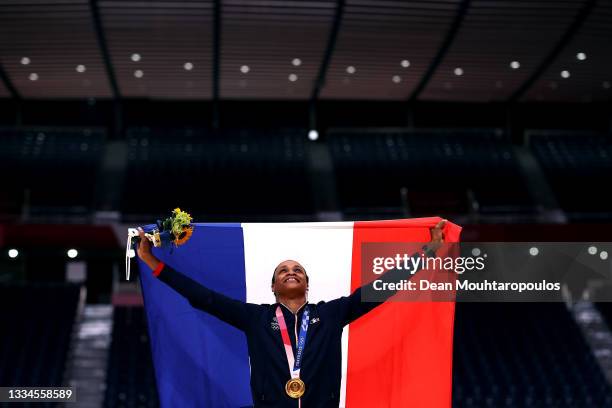 Allison Pineau of Team France poses with her gold medal after the medal ceremony for Women's Handball on day sixteen of the Tokyo 2020 Olympic Games...