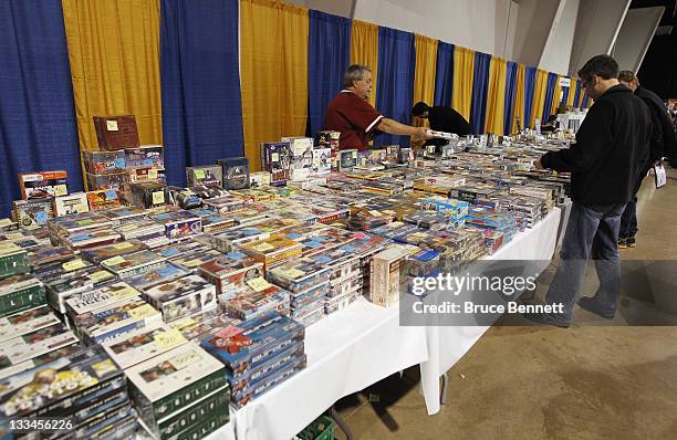 Vendor displays hockey trading cards at a sports memoribilia show on November 12, 2011 in Mississaugua, Ontario, Canada.