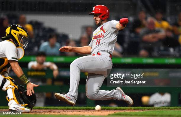 Paul DeJong of the St. Louis Cardinals in action during the game against the Pittsburgh Pirates at PNC Park on August 11, 2021 in Pittsburgh,...
