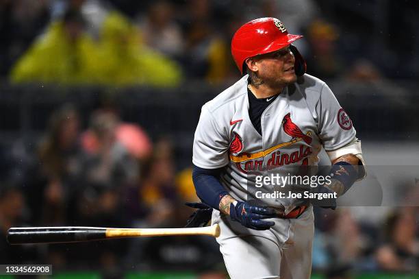 Yadier Molina of the St. Louis Cardinals in action during the game against the Pittsburgh Pirates at PNC Park on August 11, 2021 in Pittsburgh,...