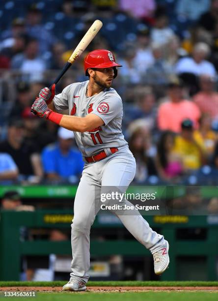 Paul DeJong of the St. Louis Cardinals in action during the game against the Pittsburgh Pirates at PNC Park on August 11, 2021 in Pittsburgh,...