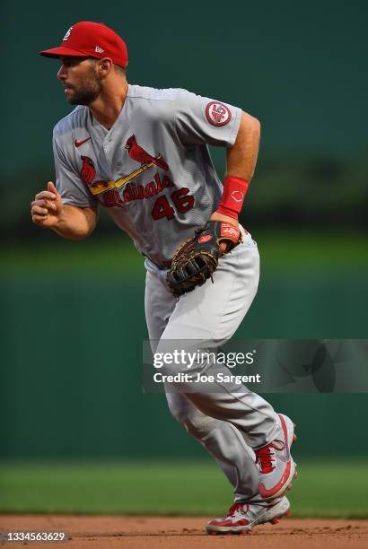 Paul Goldschmidt of the St. Louis Cardinals in action during the game against the Pittsburgh Pirates at PNC Park on August 11, 2021 in Pittsburgh,...