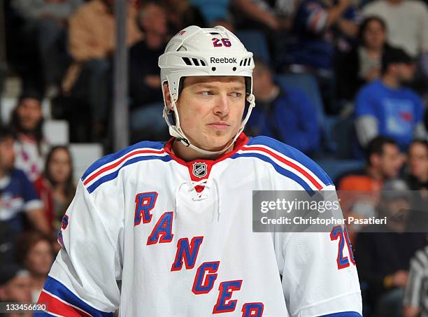 Ruslan Fedotenko of the New York Rangers waits for a face off during the second period against the New York Islanders at Nassau Coliseum on November...