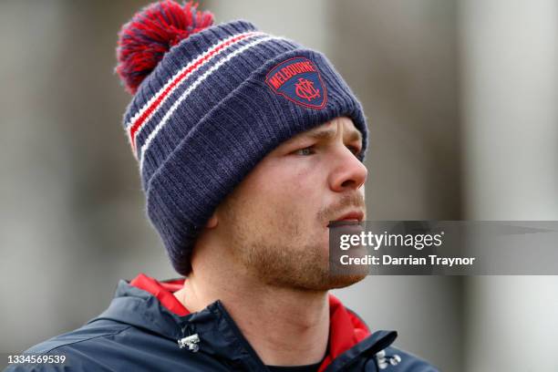 Steven May of the Demons looks on during a Melbourne Demons AFL training session at Gosch's Paddock on August 17, 2021 in Melbourne, Australia.