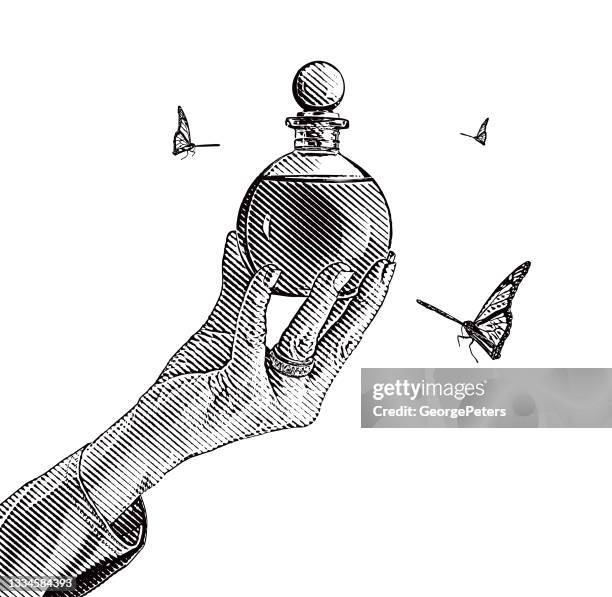 essential oil bottle and hand - beautiful mature woman stock illustrations