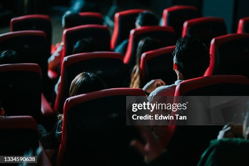 Vista trasera grupo chino asiático de público viendo películas en 3D en el cine disfrutando del espectáculo con gafas 3D gritando emoción Vista trasera grupo chino asiático de público viendo películas en 3D en el cine disfrutando del espectáculo con gafas 3D gritando emoción