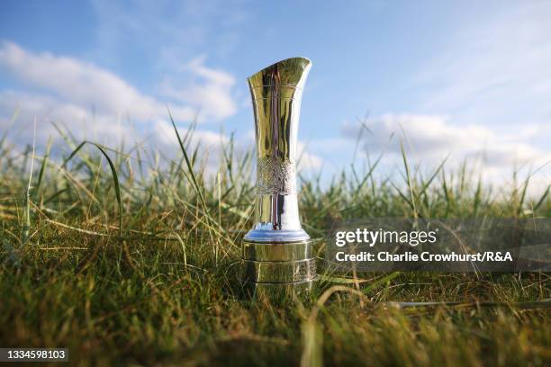 Detail view of the AIG Women's Open trophy during a practice day prior to the AIG Women's Open at Carnoustie Golf Links on August 16, 2021 in...