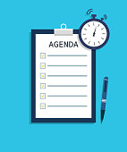 Agenda for meeting. List of event with remind. Flat template of schedule with time for business plan. Summary in school. Important document with program on board. Presentation with memo. Vector