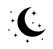 Moon and star. Black icon of moon for night. Pictogram of crescent and star. Logo for sleep and baby. Celestial symbol isolated on white background. Illustration for goodnight and ramadan. Vector