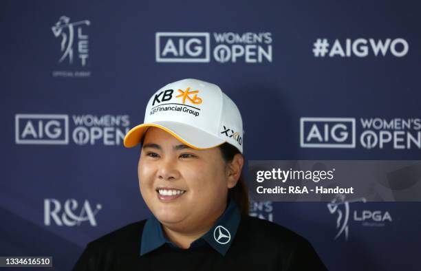 Inbee Park of South Korea speaks in a press conference during a practice day prior to the AIG Women's Open at Carnoustie Golf Links on August 17,...