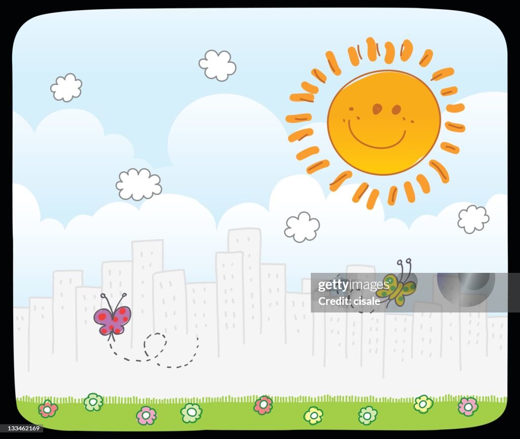 Cityview and spring, summer nature cartoon