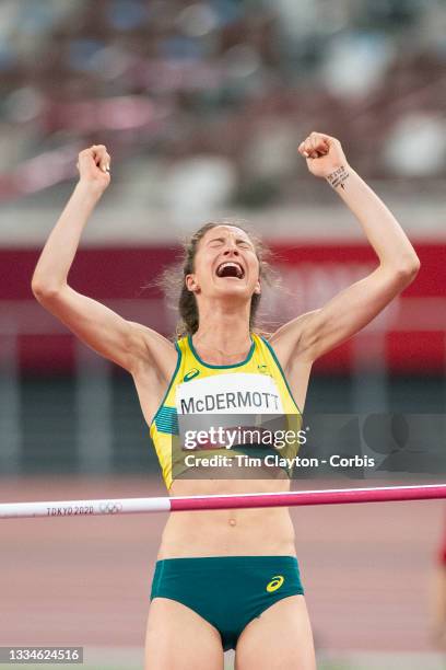 August 7: Nicola McDermott of Australia reacts as she clears 2.00m at her first attempt during her silver medal performance in the high jump final...